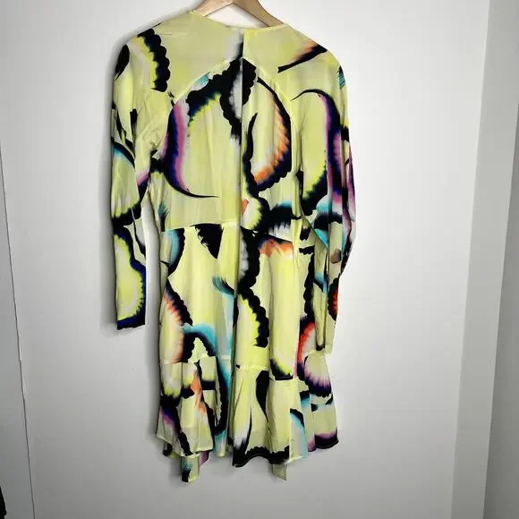 A.L.C. Enzo Silk Chiffon Wrap Dress Yellow Psychedelic Mini Womens 6 - Picture 4 of 16